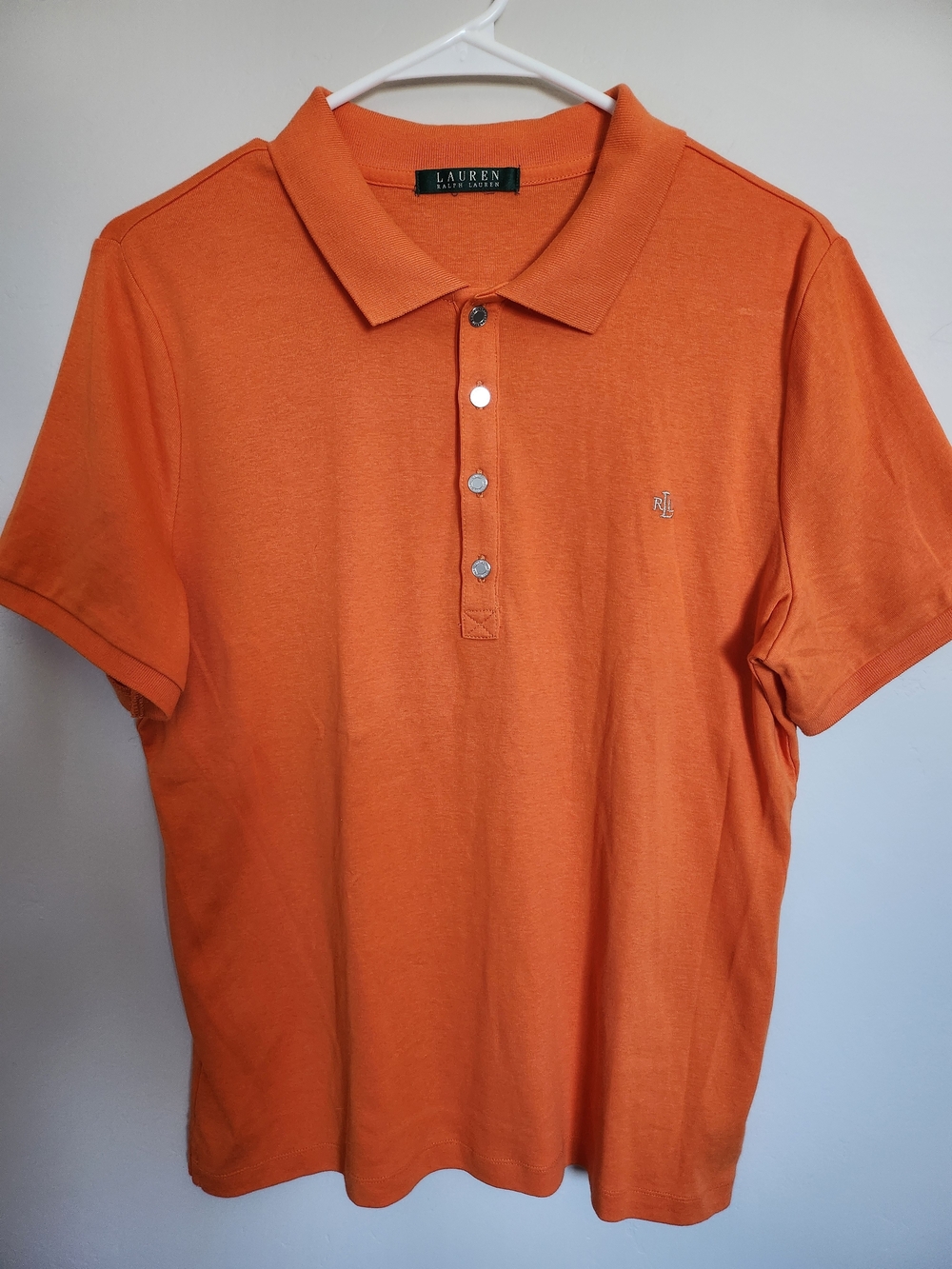 Lauren Ralph Lauren Women's Orange Polo Shirt Size L Short Sleeve Metal Button